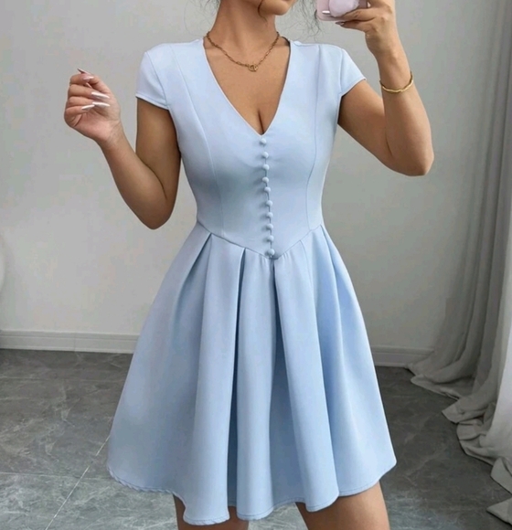 Women's Light Blue V-Neck Cinched Waist Button Decor Mini Dress - Picture 1 of 4